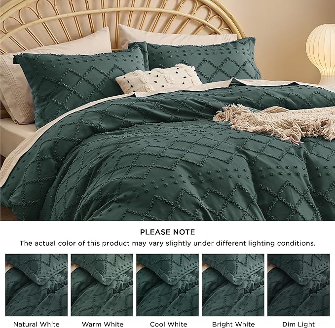 Bedsure Boho Duvet Cover Queen Size, Forest Green Breathable & Soft Boho Bedding, Machine Washable Comforter Cover for All Seasons, Includes 1 Duvet Cover 90"x90" with 2 Pillow Shams & Zipper Closure