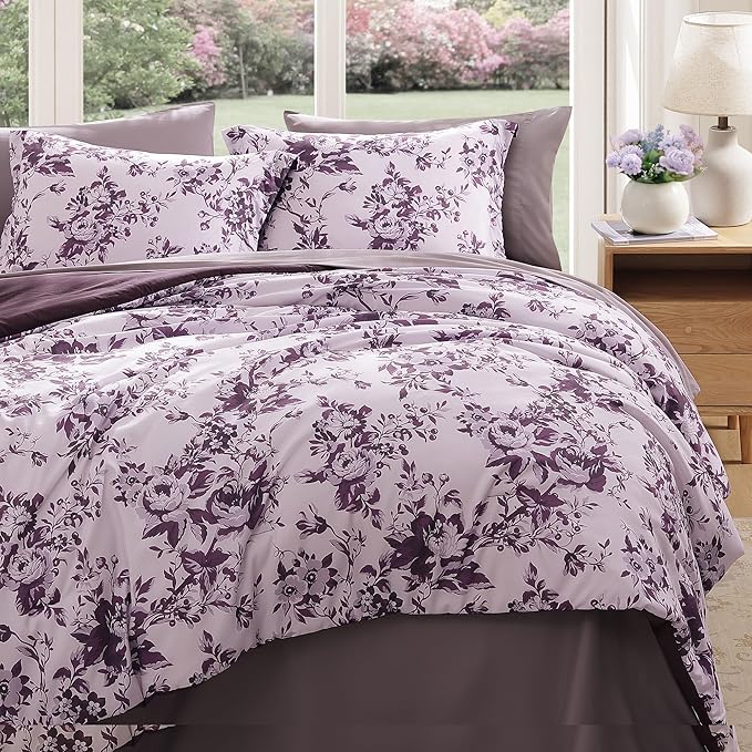 Full Comforter Set -7 Pieces Deep Purple Floral Comforter Set for All Seasons, Bed in a Bag Full with Botanical Flowers Comforter, Sheets, Pillowcases & Shams
