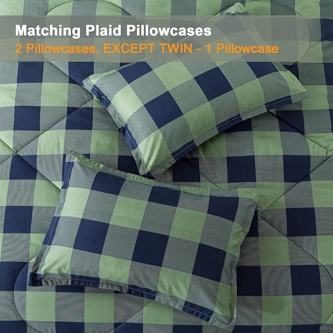 Andency Green Plaid Comforter Twin(66x90Inch), 2 Pieces (1 Comforter, 1 Pillowcase) Buffalo Checkered Gingham Bed Set, Soft Geometric Bedding for Boys