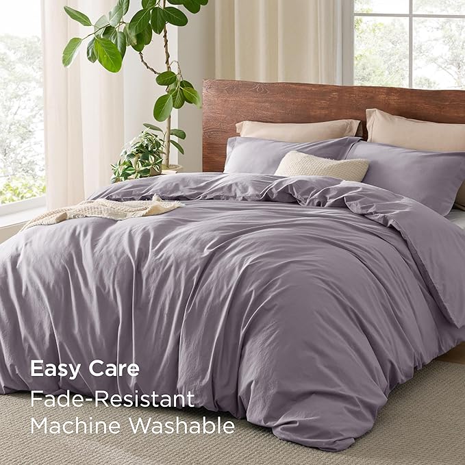 Bedsure 100% Washed Cotton Duvet Cover Queen Size - Lavender Minimalist Cotton Duvet Cover Linen Like for All Seasons - GentleSoft™ Plain Simple Bedding (Lavender, Queen, 90"x90")