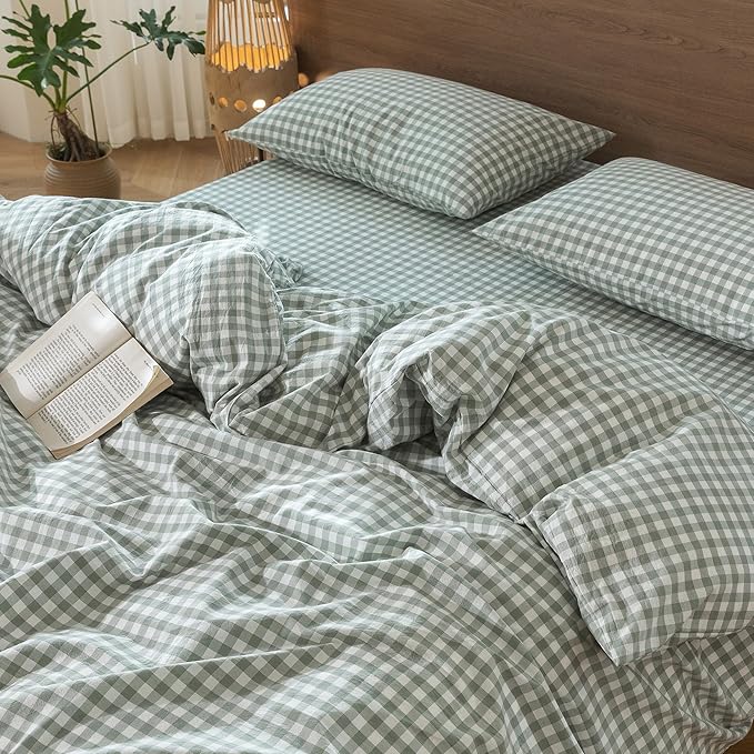 MooMee Gingham Duvet Cover Set 100% Washed Cotton Linen Like Textured Breathable Durable Soft Comfy Modern Checkered Design (Sage Green Gingham, Oversized Queen 98"x98")