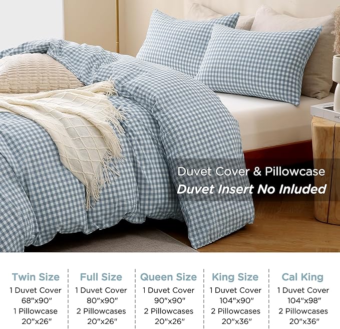 TOCOMOA Blue Gingham Duvet Cover Bedding Set 100% Washed Cotton Like Linen Feel Super Soft Comfortable 2 Piece Vintage Plaid Checkered Comforter Cover Set (Twin 68"x90", Comforter Not Included)