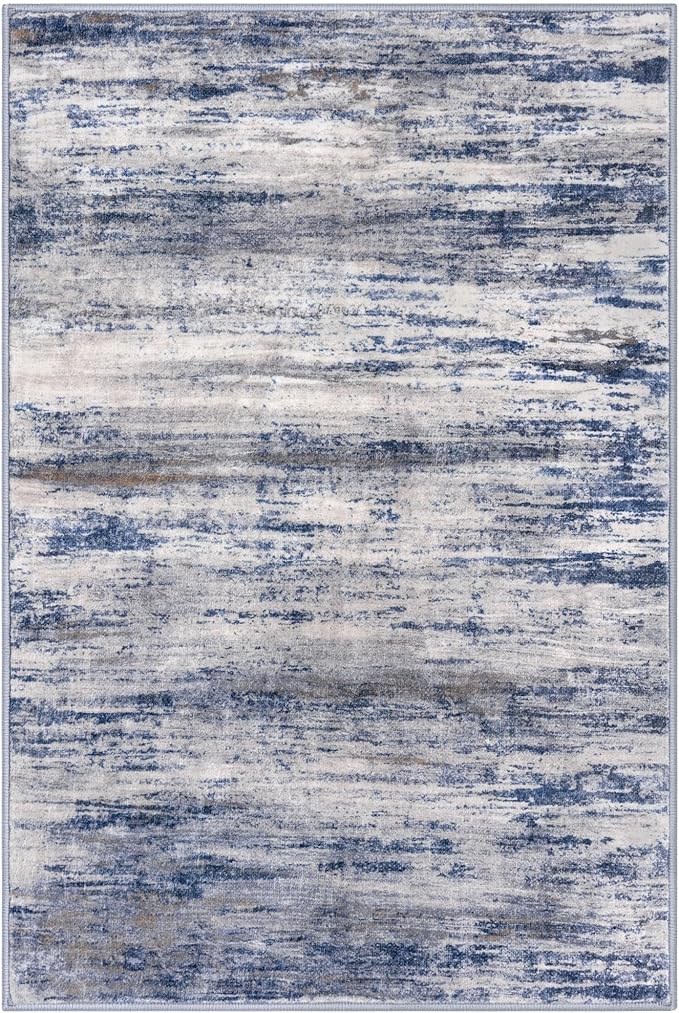 KOZYFLY Modern Abstract Rugs for Entryway 2x3, Washable Kitchen Rug Non-Slip Soft Small Area Rug, Grey-Blue Striped Throw Rugs Faux Wool Doormat for Bedside Entrance Bathroom Sink