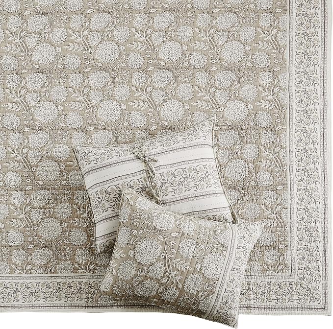 Levtex Home – Adare Taupe Bedspread Set – Queen Bedspread (110x106in.) and 2 Standard Shams (20x26in.) – Floral Botanical Design – Taupe and White – Reversible – Cotton