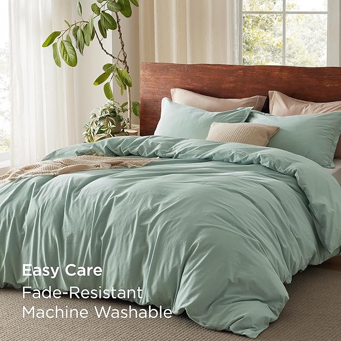 Bedsure 100% Washed Cotton Duvet Cover Queen Size - Sage Green Minimalist Cotton Duvet Cover Linen Like for All Seasons - GentleSoft™ Plain Simple Bedding (Sage Green, Queen, 90"x90")