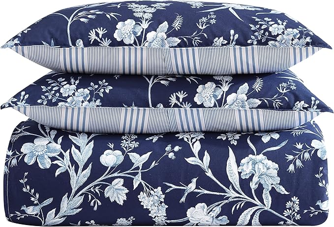 Laura Ashley- King Comforter Set, Cotton Reversible Bedding Set, Includes Matching Shams with Bonus Euro Shams & Throw Pillow Covers (Branch Toile Blue, King)