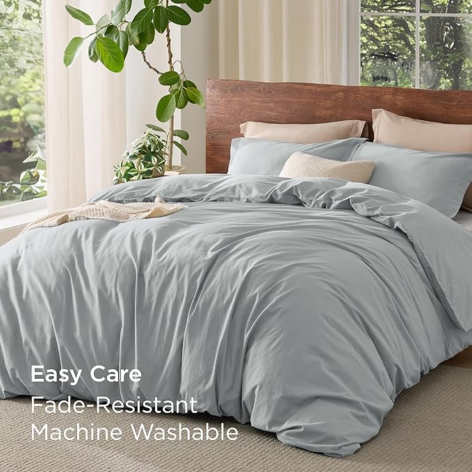 Bedsure 100% Washed Cotton Duvet Cover Queen Size - Pastel Blue Minimalist Cotton Duvet Cover Linen Like for All Seasons - GentleSoft™ Plain Simple Bedding (Pastel Blue, Queen, 90"x90")