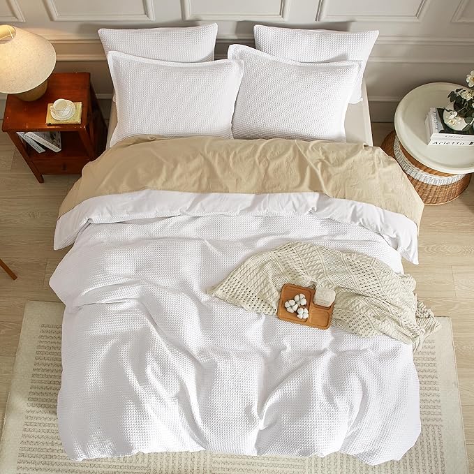 SE SOFTEXLY Waffle Duvet Cover Queen, 100% Cotton Waffle Weave Bedding Duvet Cover Set, Soft and Breathable Comforter Cover for All Season, 3 Pieces Including Pillow Shams(White, 90”x90”)