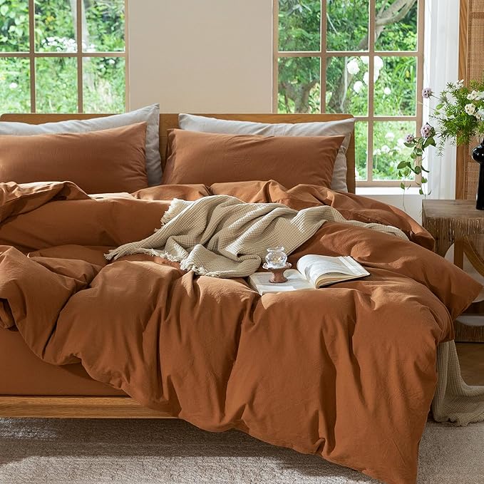 MooMee Bedding Duvet Cover Set 100% Washed Cotton Linen Like Textured Breathable Durable Soft Comfy (Solid Dark Orange, Full 80"x90")