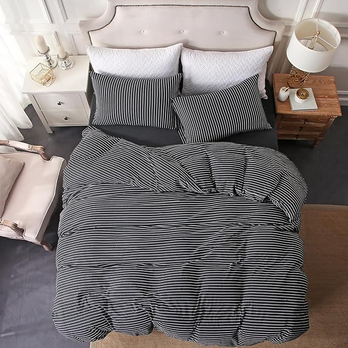 PURE ERA Jersey Knit Duvet Cover Set 100% T-Shirt Heather Cotton Super Soft Comfy Classic Striped Design, with Zipper Closure, Heather Black & White Pinstripe, Queen