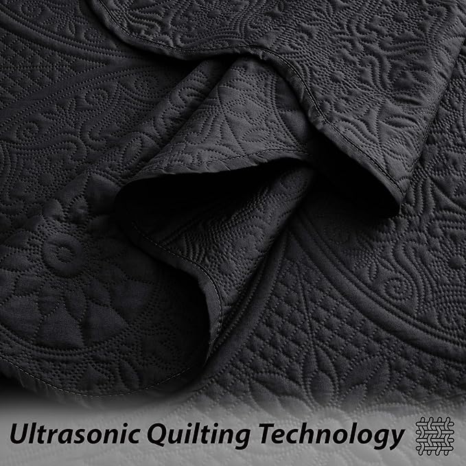 IR Imperial Rooms Twin Quilt Bedding Set Size (68” x 86”) + 1 Pillow Shams (20” x 26” + 2”) - 2 Pcs All Season Lightweight Reversible Microfiber Coverlet Floral Embossed Quilt Bedspread (Black)