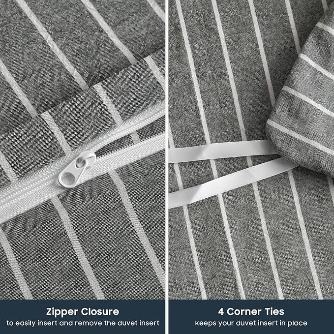 Wake In Cloud - Striped Cotton Duvet Cover Set, Ticking Stripe Vertical Pinstripe Farmhouse, 100% Washed Cotton Textured Percale Bedding Set, 3 Pieces, Gray, Full Size