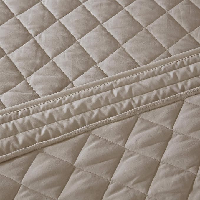 Madison Park Breanna 100% Cotton Fitted Bedspread Classic Traditional Design All Season, Lightweight, Bedding Set, Matching Shams, Queen(60" x80+24D), Diamond Quilted Khaki 4 Piece