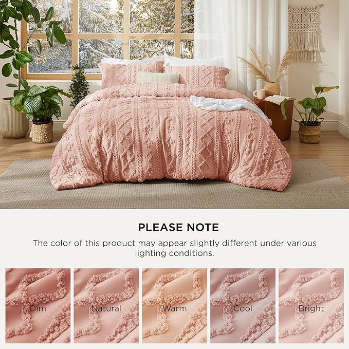 Bedsure Tufted Boho Comforter Set King Size - Light Pink Boho Bed Set, GentleSoft™ 3 Pieces Farmhouse Shabby Chic Embroidery Bedding, Gifts for Woman, Soft Jacquard King Comforter for All Seasons