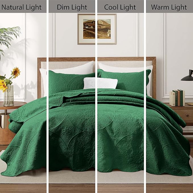IR Imperial Rooms California King Quilt Bedding Set Size (118"x106") + 2 Pillow Shams (20" x 36"+ 2") - 3 Pcs All Season Reversible Microfiber Coverlet Embossed Floral Quilt Bedspread (Emerald)