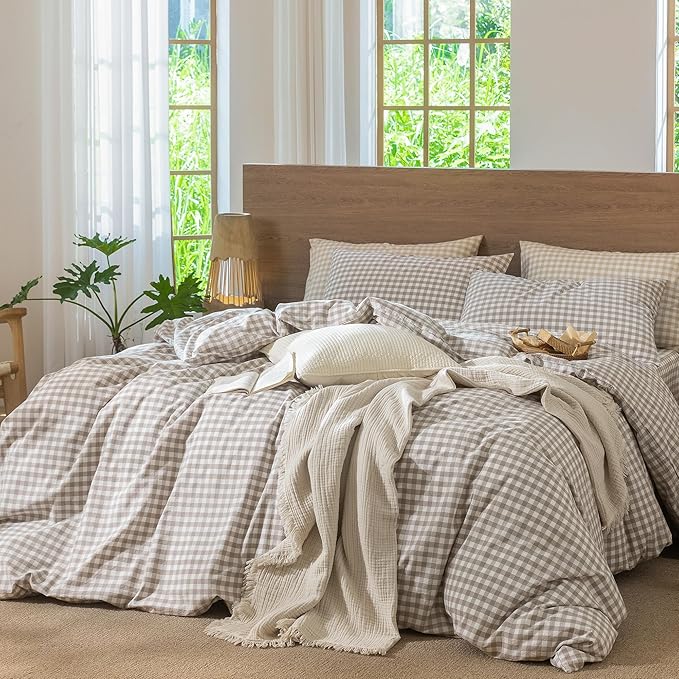 MooMee Gingham Duvet Cover Set 100% Washed Cotton Linen Like Textured Breathable Durable Soft Comfy Modern Checkered Design (Tannish Linen Grey Gingham, Full 80"x90")