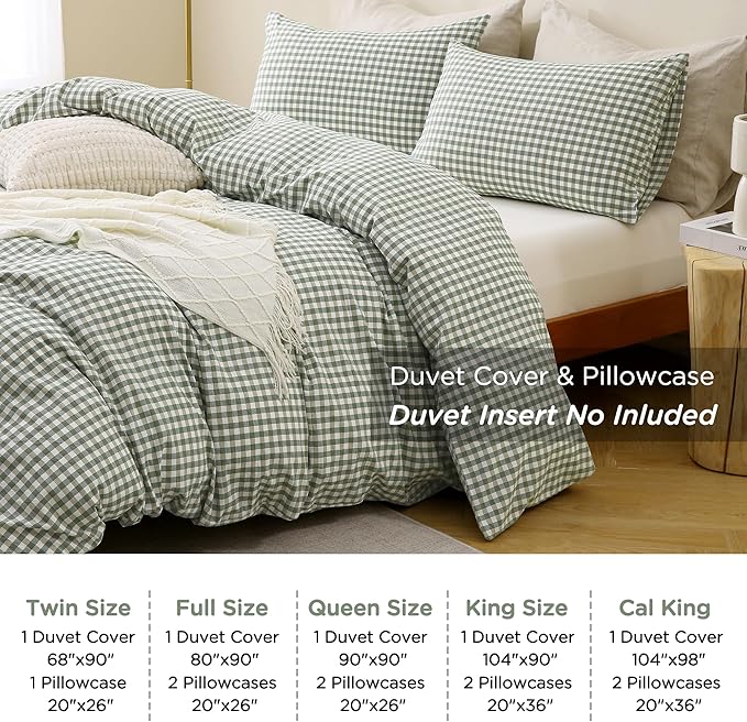TOCOMOA Green Gingham Duvet Cover Bedding Set 100% Washed Cotton Like Linen Feel Super Soft Comfortable 3 Piece Vintage Plaid Checkered Comforter Cover Set (Queen 90"x90", Comforter Not Included)