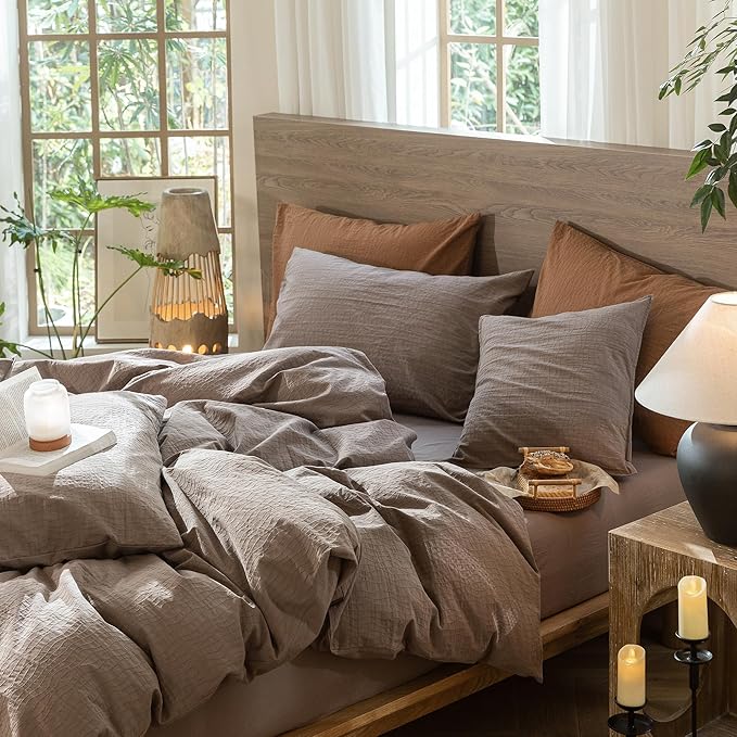 MooMee Wavy Striped Duvet Cover Set 100% Washed Cotton Linen Like Textured Breathable Durable Soft Comfy (Brown, Super Queen 90"x98")