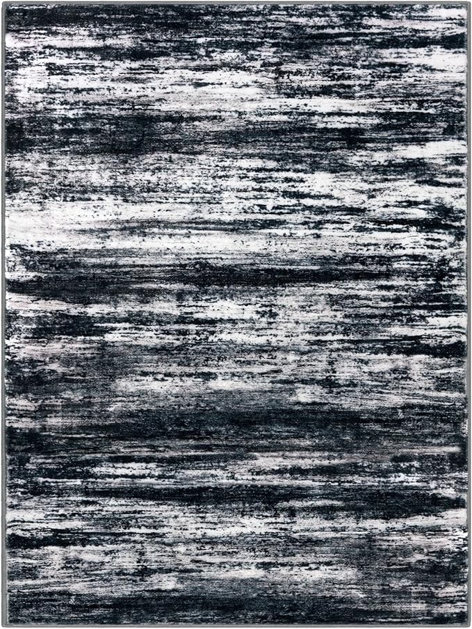 KOZYFLY Washable Area Rug 5x7 Modern Ombre Living Room Thin Rug Non-Slip Soft Striped Area Rug for Bedroom, Black Navy Blue Grey Abstract Carpet for Laundry Kid Room