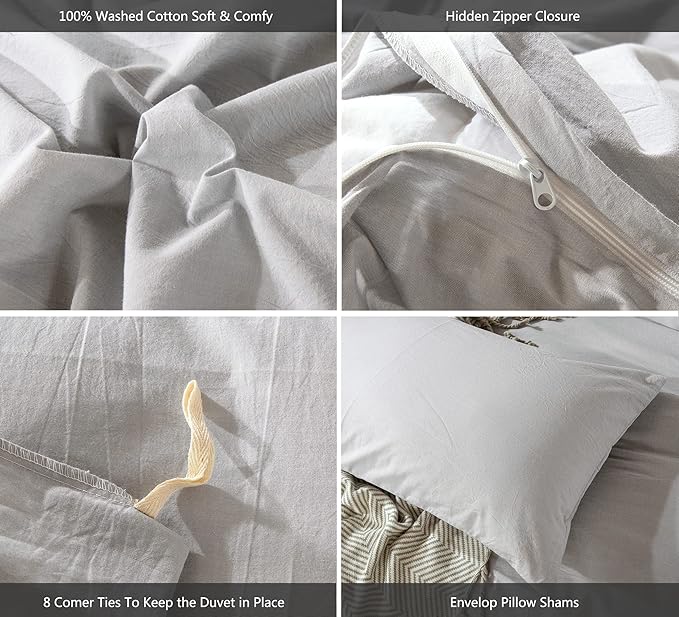 MooMee Bedding Duvet Cover Set 100% Washed Cotton Linen Like Textured Breathable Durable Soft Comfy (Lavender Grey, King)