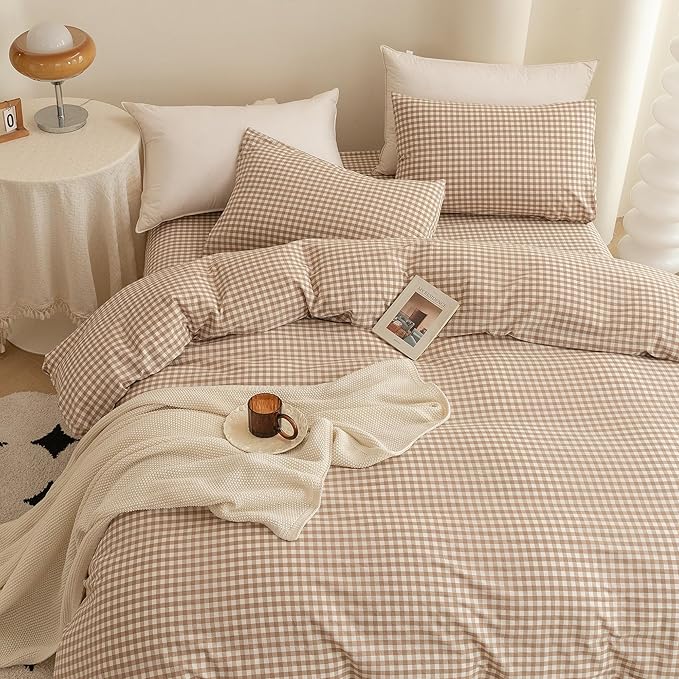 ECOCOTT Gingham Duvet Cover Queen Size 100% Washed Cotton Like Linen Feel Super Soft & Comfy Bedding Set Modern Checkered Design for All Seasons