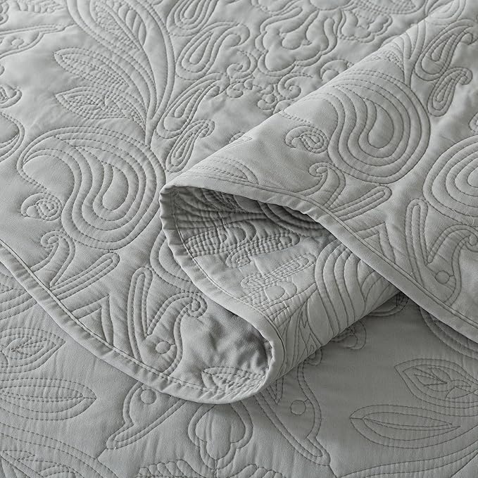 HoneiLife Quilt Set Queen Size - 3 Piece Queen Quilt Bedding Set Microfiber Quilt Sets Lightweight Bedspreads Reversible Coverlets Retro Bed Cover Floral Bedding Set All Season Quilts-Light Grey