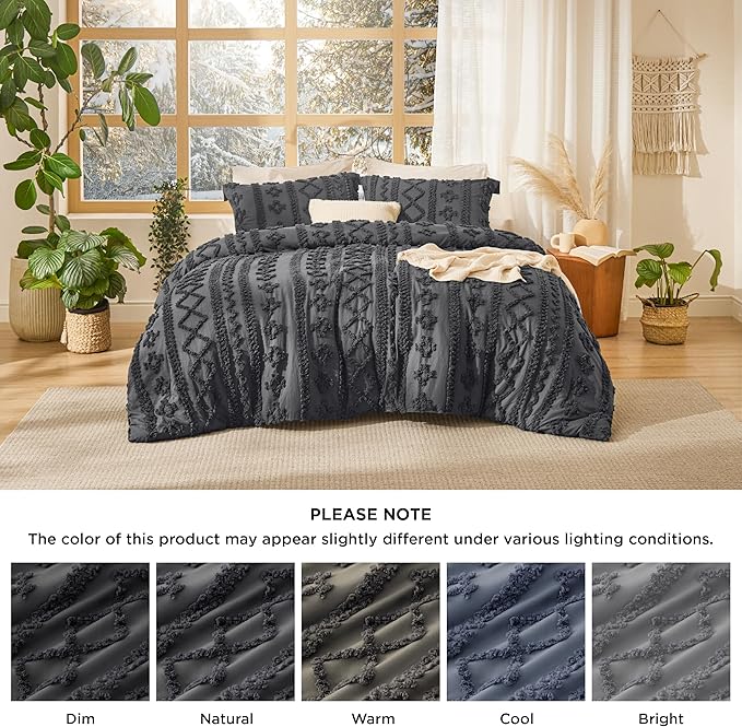 Bedsure Tufted Boho Comforter Set Twin Size - Dark Grey Boho Bed Set, GentleSoft™ 2 Pieces Farmhouse Shabby Chic Embroidery Bedding, Gifts for Woman, Soft Jacquard Twin Comforter for All Seasons