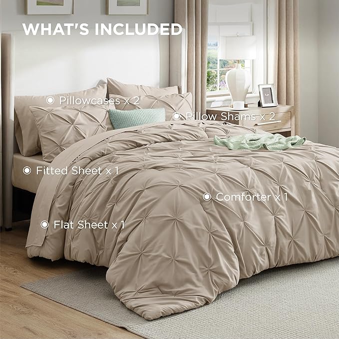 Bedsure Full Comforter Set Beige - Bed in a Bag Full Size Bedding Set 7 Pieces, GentleSoft™ Pintuck Bed Set Gift for Family, Pinch Pleat Beige Comforter with Sheets, Pillowcases & Shams