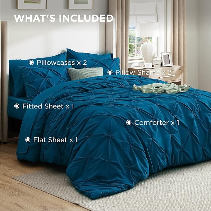Bedsure Queen Comforter Set Teal - Bed in a Bag Queen Size Bedding 7 Pieces, GentleSoft™ Pintuck Bed Set Gift for Family, Pinch Pleat All Season Comforter with Sheets, Pillowcases & Shams