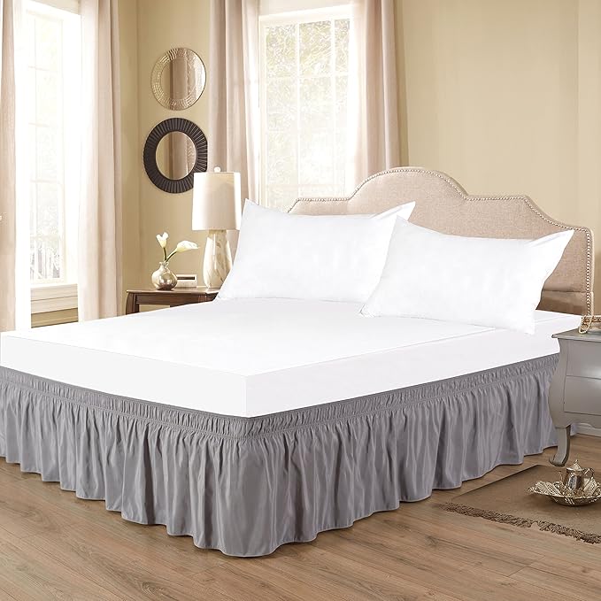 Bed Skirt - Wrap Around Bed Skirts Elastic Dust Ruffles, Easy Fit Wrinkle and Fade Resistant Luxurious Fabric Solid Color, Silver Twin XXL Size Beds 15 Inch Drop