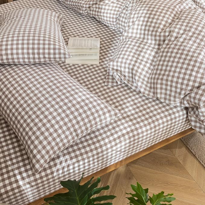 MooMee Gingham Duvet Cover Set 100% Washed Cotton Linen Like Textured Breathable Durable Soft Comfy Modern Checkered Design (Brown Gingham, Cal King 104"x98")