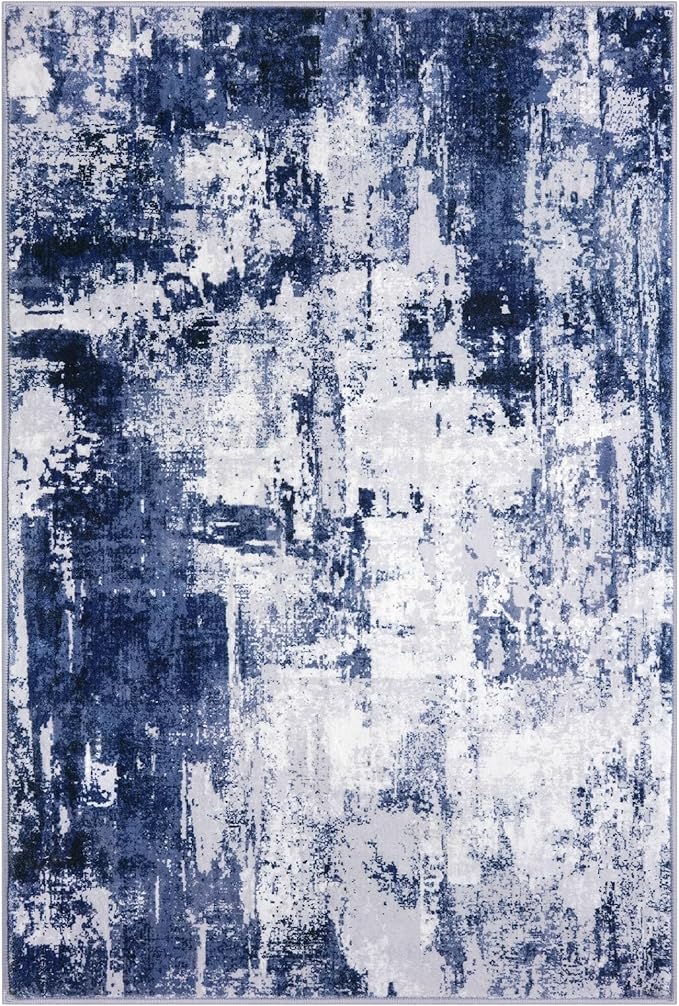 KOZYFLY Modern Abstract Area Rugs 5x7 Navy Blue Machine Washable Thin Rug for Bedroom Non-Slip Living Room Rug, Faux Wool Soft Low Pile Office Carpet for Dining Room, Bedroom, Kitchen