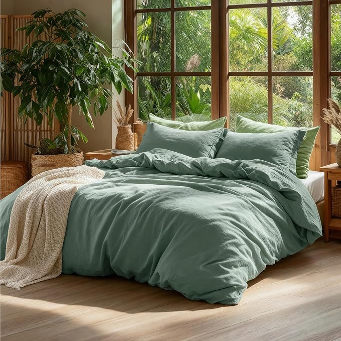 Bedsure 100% Washed Cotton Duvet Cover King Size - Iceberg Green Minimalist Cotton Duvet Cover Linen Like for All Seasons - GentleSoft™ Plain Simple Bedding (Iceberg Green, King, 104"x90")