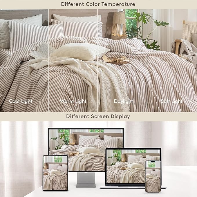 MooMee Striped Duvet Cover Set 100% Washed Cotton Linen Like Textured Breathable Durable Soft Comfy (Orange Classic Stripes, Super King 108"x98")