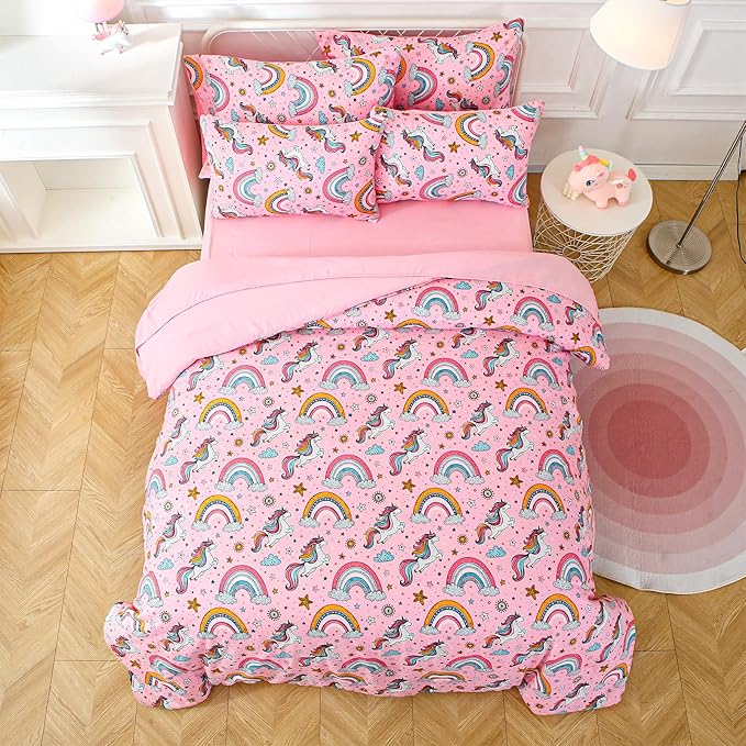 Glow in The Dark Kids Comforter Set, 5 Pieces Pink Unicorn Bedding Set Twin Size for Boys Girls Teen, 1 Comforter, 1 Pillowcase, 1 Pillow Sham,1 Flat Sheet, 1 Fitted Sheet