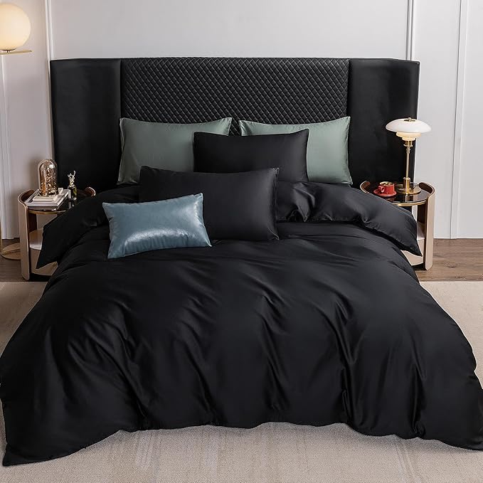 MooMee Duvet Cover Set 100% Extra Long Staple Cotton 600 Thread Count Silky Sateen Smooth Luxury Soft Breathable Durable Hotel Quality Bedding, 3 Pieces (Black, Oversized Queen 98"x98")