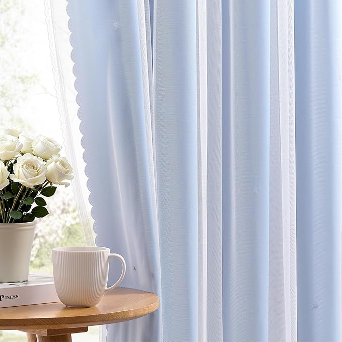 XiDi Light Blue Blackout Curtains for Girls Bedroom Living Room 84 Inches Long 2 Panels Star Curtains Boys Kids Room Darkening Thermal Insulated Drapes Grommet Noise Reduction Window Treatments 52x84