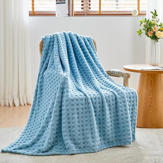 NEWCOSPLAY Super Soft King Blanket Blue Premium Silky Flannel Fleece 3D Waffle Checkered Lightweight Bed Blanket All Season Use (Blue, King(90"x110"))