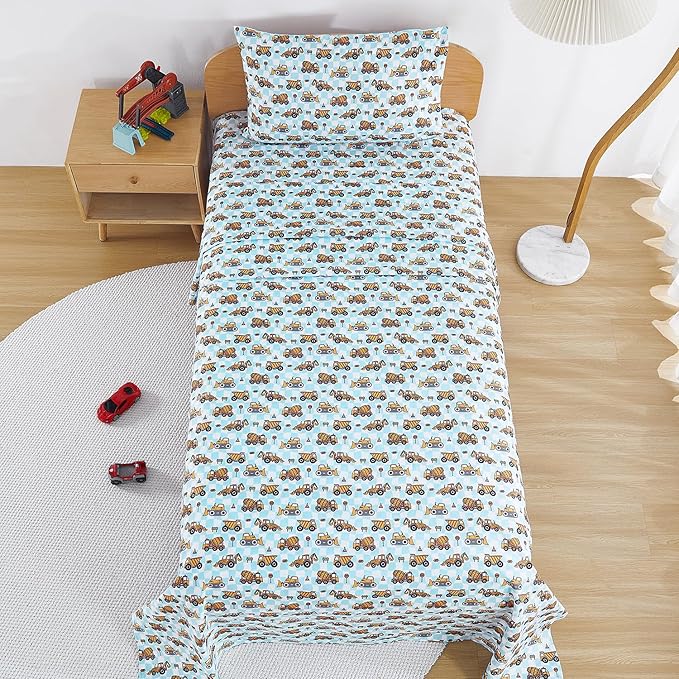 Kids Sheet Set Full Size, Full Sheet Set with Grid Excavator Pattern,Breathable Silky Soft Microfiber Kids Fitted Sheet