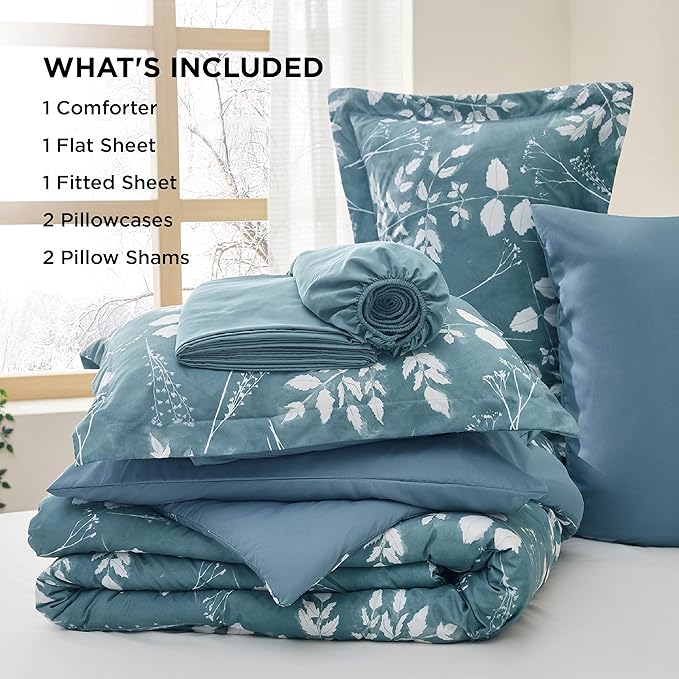 Bedsure Queen Comforter Set - 7 Pieces Floral Mineral Blue Soft Bedding Sets, Queen Bed in a Bag with Botanical Flowers Comforter, Sheets, Pillowcases & Shams