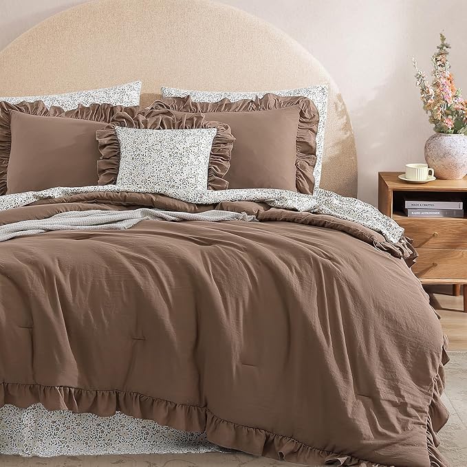 California King Comforter Set - 7 Pieces Ruffle Amber Brown Bedding Sets, Shabby Chic Farmhouse Bed in a Bag with Ruffle Comforter, Floral Sheets, Pillowcases & Shams