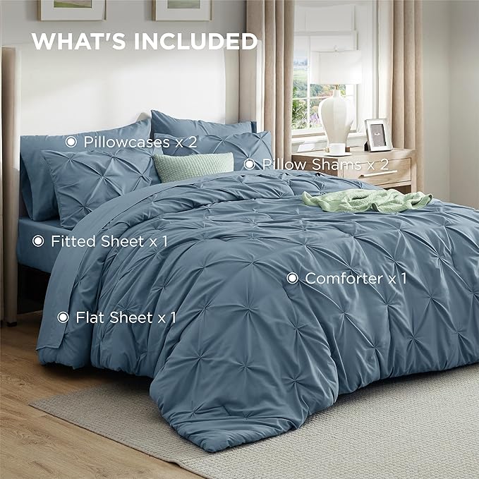 Bedsure Full Comforter Set Mineral Blue - Bed in a Bag Full Size Bedding Set 7 Pieces, GentleSoft™ Pintuck Bed Set Gift for Family, Pinch Pleat All Season Comforter with Sheets, Pillowcases & Shams