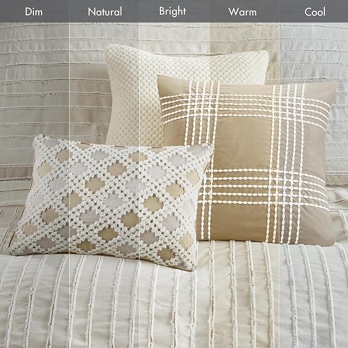 Madison Park Queen Comforter Set Clipped Jacquard Stripes with Buttons Boho Comforter for a Queen-Size Bed, Cotton Oversized Comforters with Removable Cover Boho Bedding, Queen Ivory 8 Piece