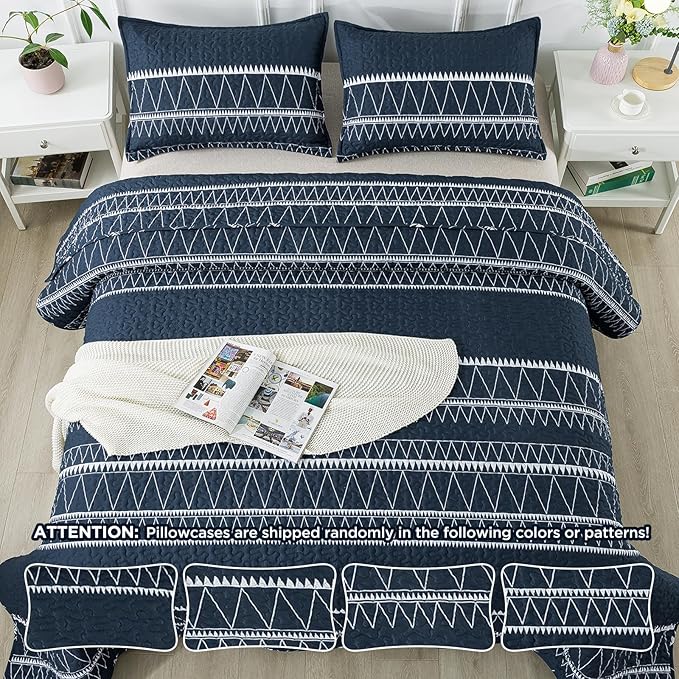 Andency Navy Twin Quilt Set, 2 Pieces Boho Lightweight Soft Striped Bedspread for All Season (68"x86"), Printed Bohemian Microfiber Reversible Coverlet Comoforter Sets