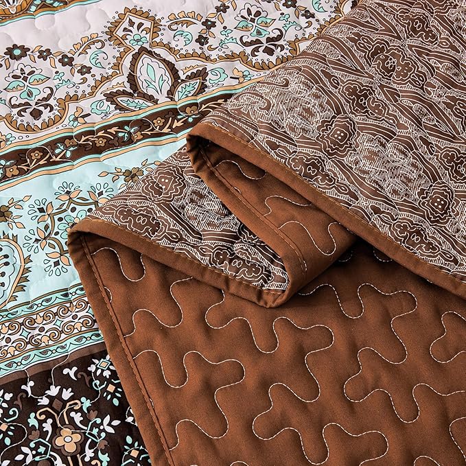 WONGS BEDDING Boho Fall Quilt Set California King, Brown Bohemian Striped Pattern Printed Quilt Coverlet, Lightweight Microfiber Bed Decor Bedspread for All Season 106"x96"(3 Pieces, Cal King)