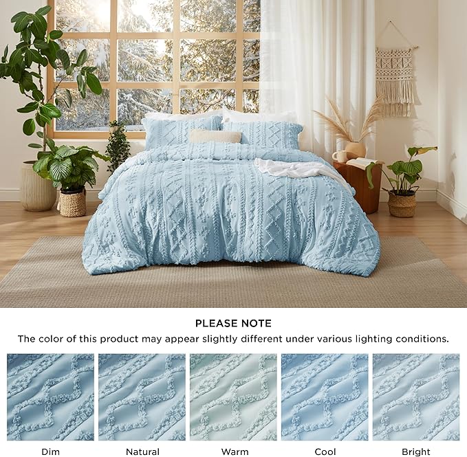 Bedsure Tufted Boho Comforter Set Full Size - Light Blue Boho Bed Set, GentleSoft™ 3 Pieces Farmhouse Shabby Chic Embroidery Bedding, Gifts for Woman, Soft Jacquard Full Comforter for All Seasons