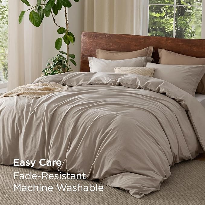 Bedsure 100% Washed Cotton Duvet Cover Queen Size - Tannish Linen Grey Minimalist Cotton Duvet Cover for All Seasons - GentleSoft™ Plain Simple Bedding Set (Tannish Linen Grey, Queen, 90"x90")