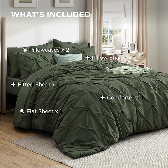 Bedsure Queen Comforter Set Olive Green - Bed in a Bag Queen Size Bedding 7 Pieces, GentleSoft™ Pintuck Bed Set Gift for Family, Pinch Pleat All Season Comforter with Sheets, Pillowcases & Shams