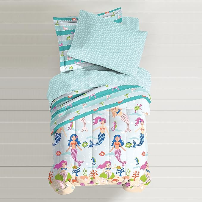 dream FACTORY Kids 7-Piece Complete Set Easy-Wash Super Soft Microfiber Comforter Bedding, Full, Light Blue Mermaid Dreams