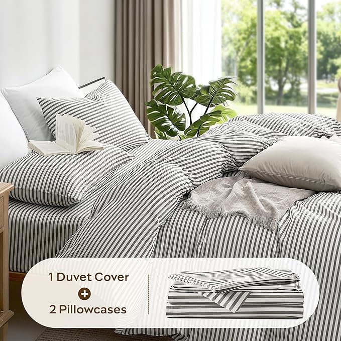 JELLYMONI Duvet Cover, 100% Natural Cotton, Printed Comforter Cover with Zipper Closure and Corner Ties (Oversized King Plus 128×120 Inch, White Duvet Cover Set with Grey Stripes Pattern)